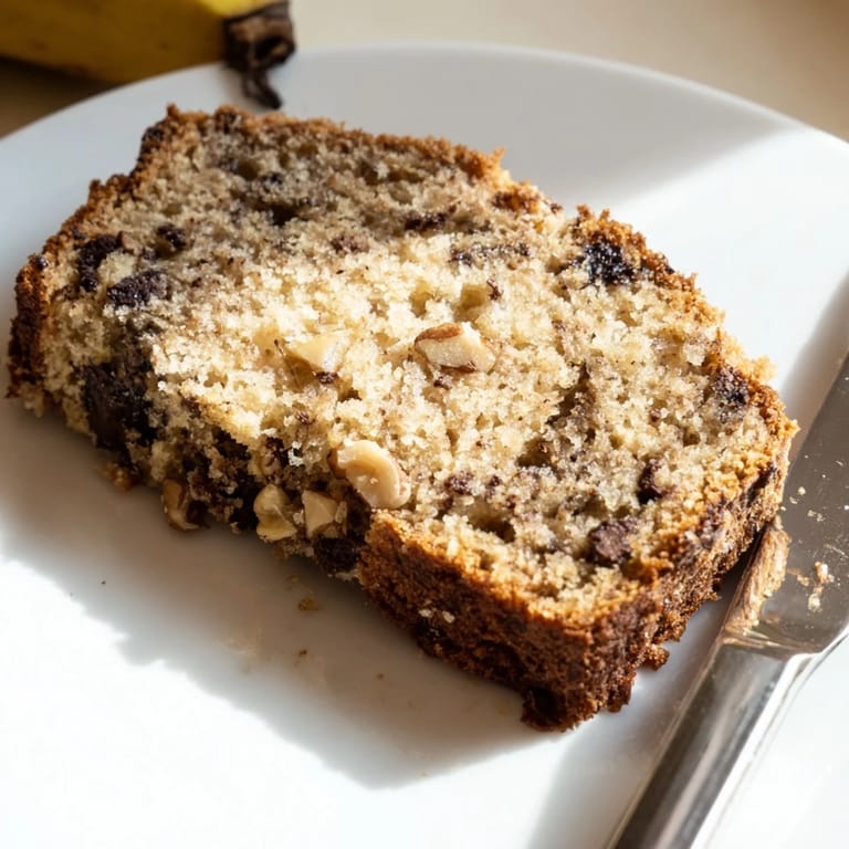 Homemade moist banana bread recipe with crumbly cinnamon topping, styled in a white ceramic loaf pan.