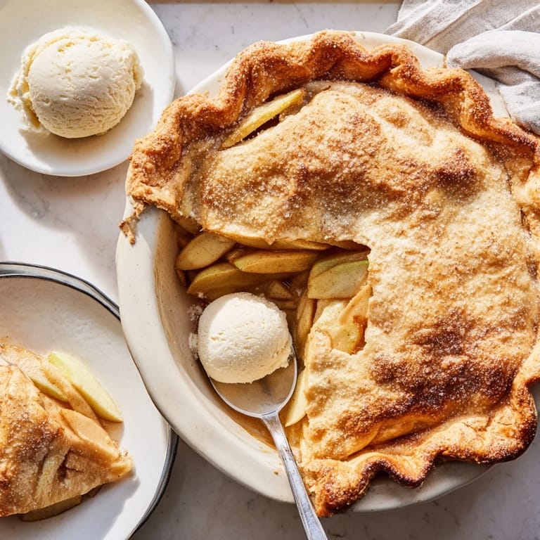 Close-up of a slice of apple pie, revealing tender apples, sugary glaze, and a crimped crust edge.