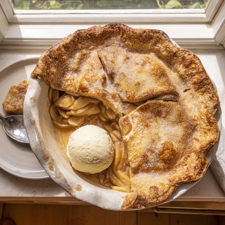Rustic homemade apple pie on a wooden table, ready to be sliced for a cozy American dessert.