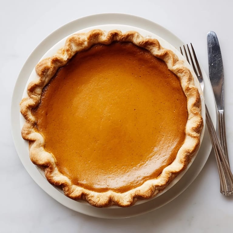 A slice of Pumpkin Pie rests on a white plate, showcasing its rich orange custard and warm cinnamon spices next to a festive setting.