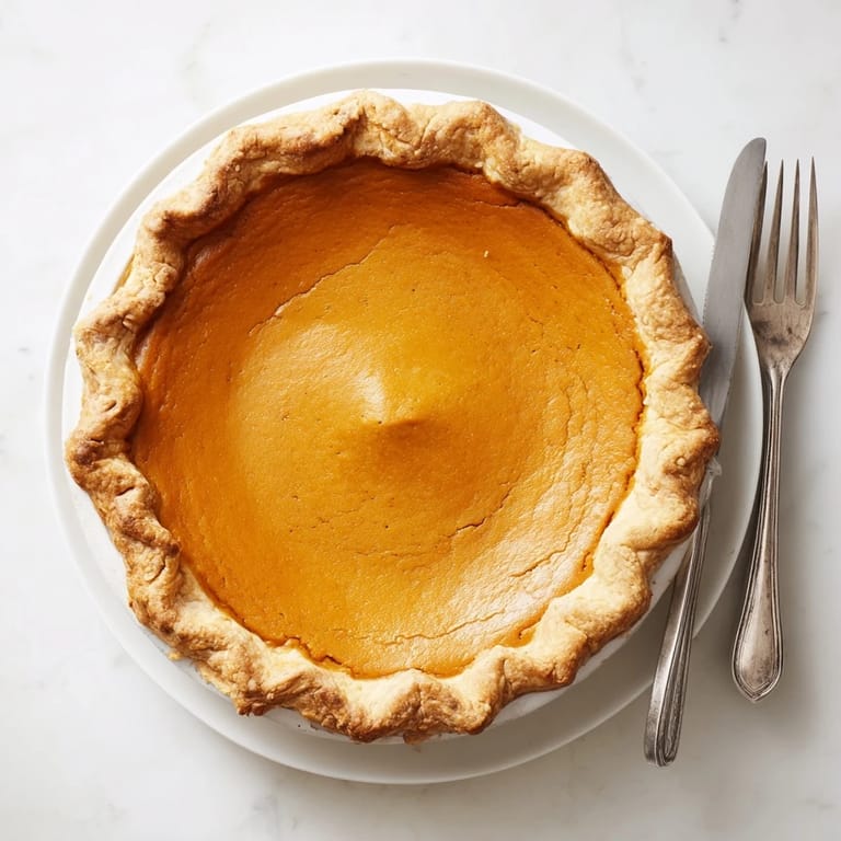 Whole Pumpkin Pie with a perfectly crimped crust, served as a classic American dessert with a side of creamy whipped topping.