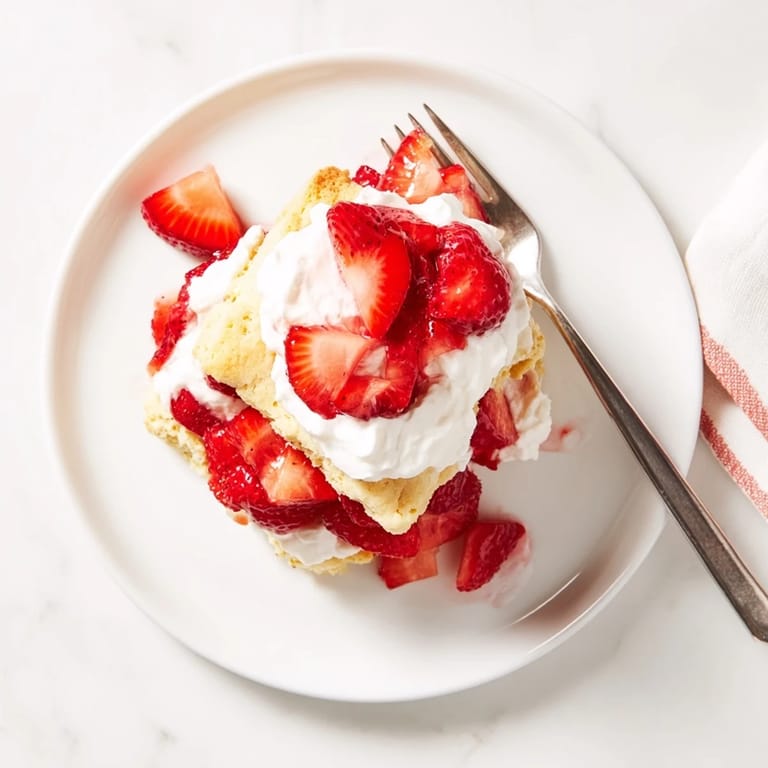 A close-up of Strawberry Shortcake reveals glazed strawberries dripping over fluffy biscuits and clouds of vanilla whipped cream.