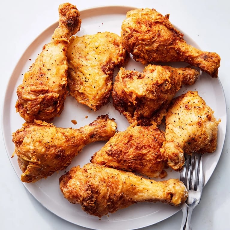 A close-up of hot, crispy Fried Chicken, showcasing its irresistible texture and savory aromas.