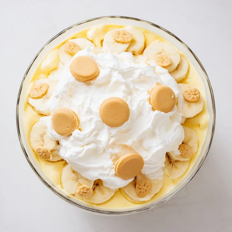 Sweet Banana Pudding dessert features layers of creamy vanilla custard, sliced bananas, and golden wafers, garnished with fluffy whipped cream topping.