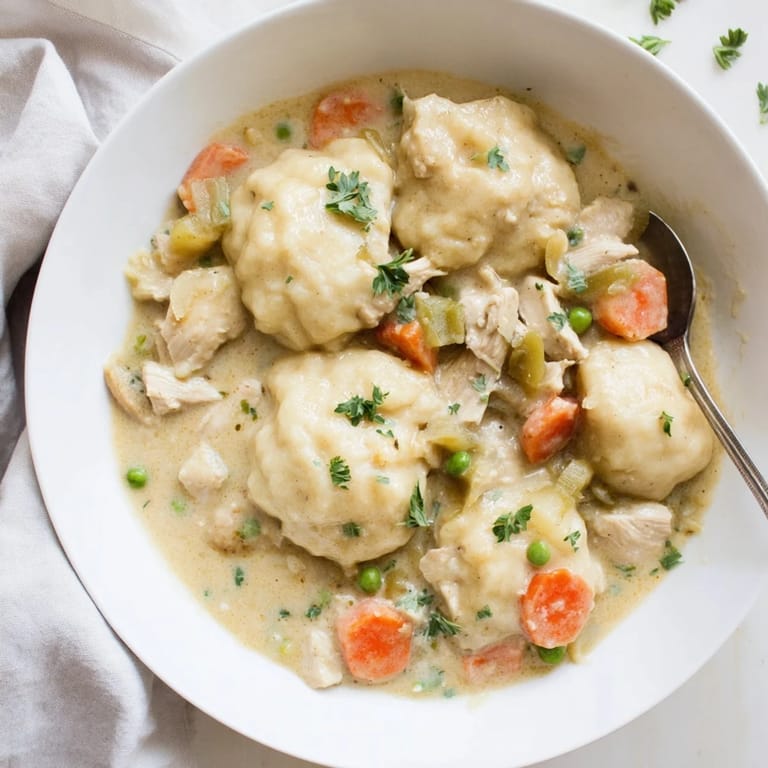 A close-up of rustic Chicken and Dumplings in a white bowl, garnished with fresh parsley and served alongside a spoon for a comforting meal.