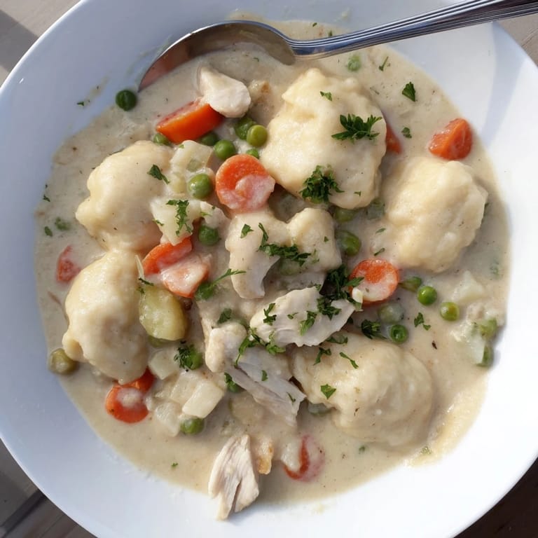 Golden fluffy dumplings rest on savory chicken stew in a cast-iron pot, showcasing the classic Chicken and Dumplings recipe with tender meat and veggies.