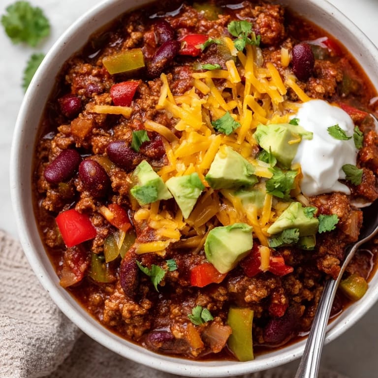 Steaming bowl of homemade chili con carne with creamy avocado and shredded cheddar toppings.