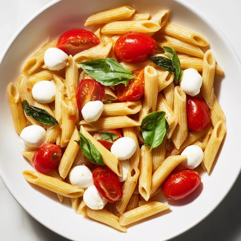 Close-up of Caprese Salad Pasta with glistening olive oil, fresh basil leaves, and mozzarella pearls.