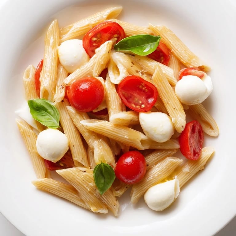 A bowl of Caprese Salad Pasta featuring al dente fusilli and a drizzle of balsamic glaze.