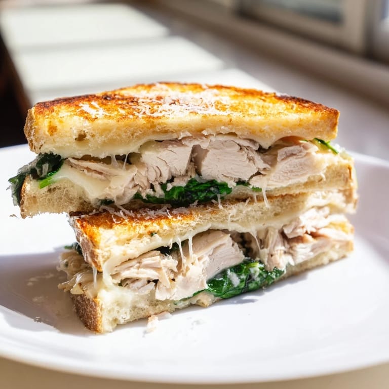 The Grilled Chicken Spinach Panini rests on a wooden board, its garlic butter-toasted crust glistening and invitingly warm beside a simple salad.