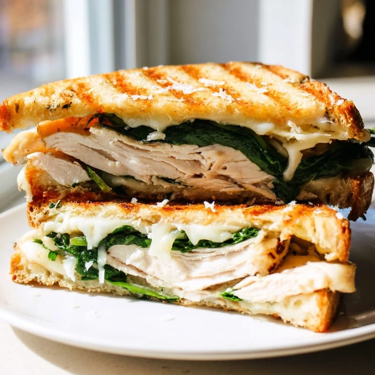 Fresh spinach and melted cheese peek from the pressed edges of a Grilled Chicken Spinach Panini, ready to be enjoyed hot and hearty.