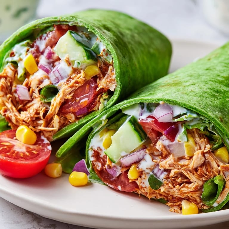 Sliced BBQ Chicken Salad Wrap on a plate with vibrant cherry tomatoes, cucumber, and corn, showcasing a colorful and hearty lunch.