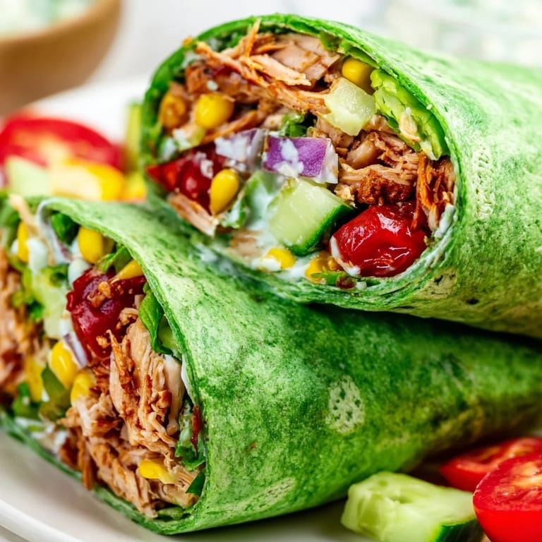 A handheld BBQ Chicken Salad Wrap, tightly rolled and filled with juicy chicken and crunchy vegetables, perfect for a quick American dinner.