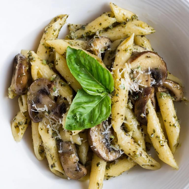 Golden sautéed mushrooms blended into a luscious basil pesto cream sauce over fettuccine, finished with grated Parmesan for an Italian-inspired family meal.
