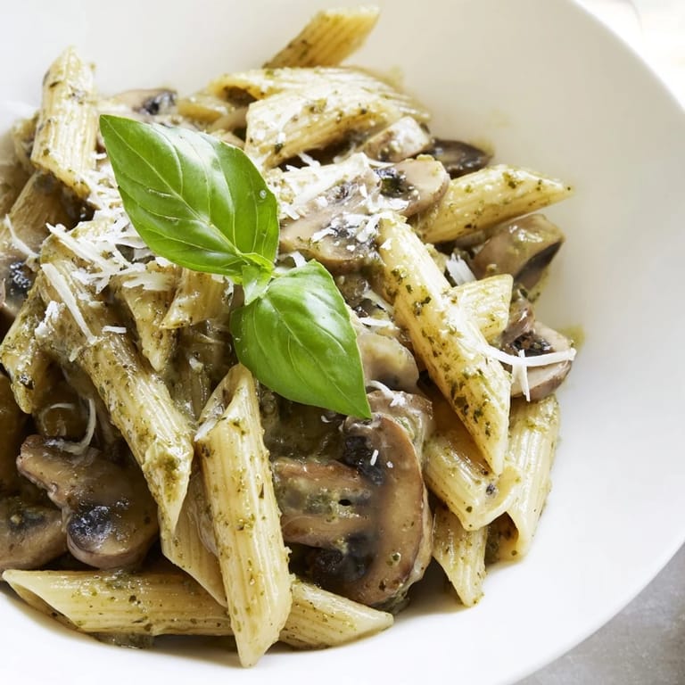 Perfectly cooked penne pasta coated in a rich, creamy pesto sauce with tender cremini mushrooms, served hot as a vegetarian main dish.