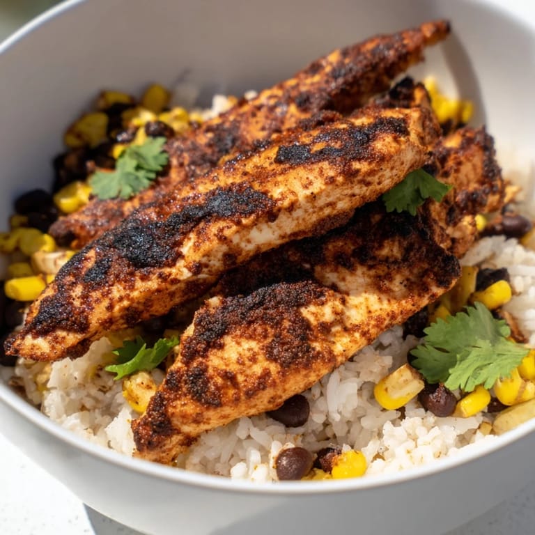 A close-up of a spicy chicken burrito bowl with fluffy rice, charred chicken, corn, beans, and cilantro.