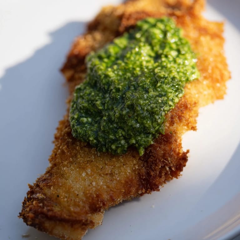 Juicy pan-fried Crispy Pesto Chicken Cutlets coated in Parmesan breadcrumbs, resting on a white plate ready for a flavorful weeknight dinner.