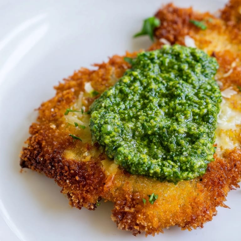 Tender breaded Crispy Pesto Chicken Cutlets garnished with fresh basil, showcasing the golden crust and rich green pesto sauce in natural light.