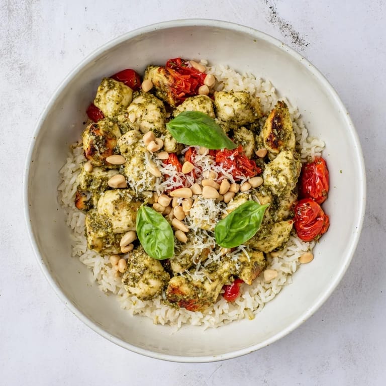 Close-up of a gluten-free Chicken Pesto Rice Bowl garnished with basil leaves, highlighting the juicy tomato chunks and toasted nuts.  