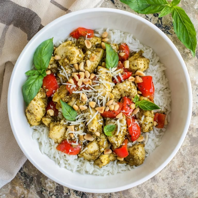 A comforting, Italian-inspired main dish bowl featuring tender chicken coated in basil pesto, served warm over rice with fresh tomatoes.