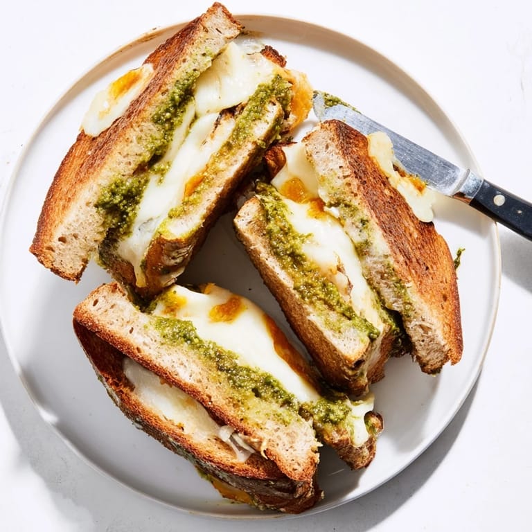 A close-up of a sourdough pesto grilled cheese sandwich, with vibrant green basil pesto spread between layers of melted cheese.  