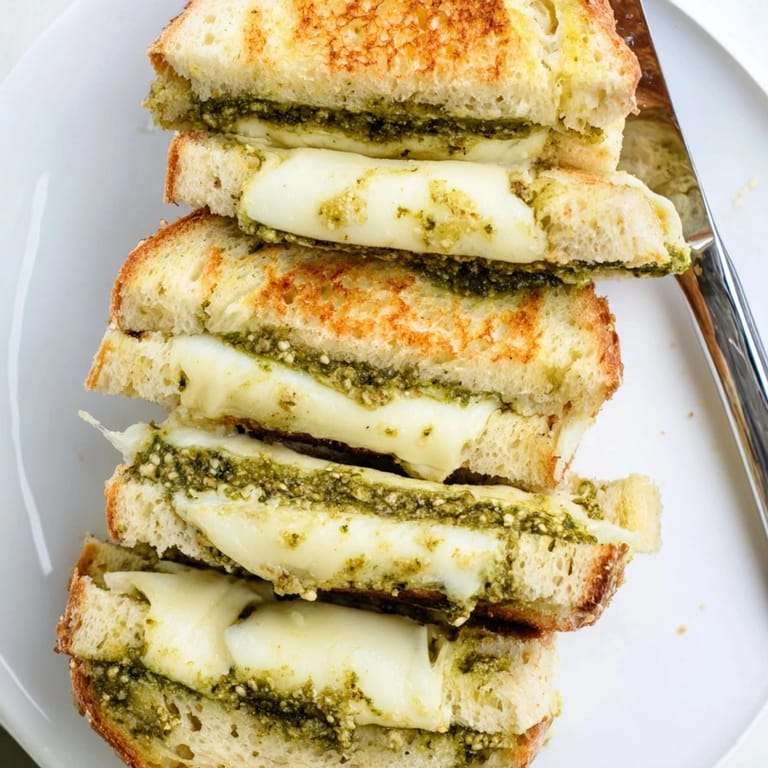 A fresh sourdough pesto grilled cheese served with tomato soup and a side salad, perfect for a comforting vegetarian lunch.