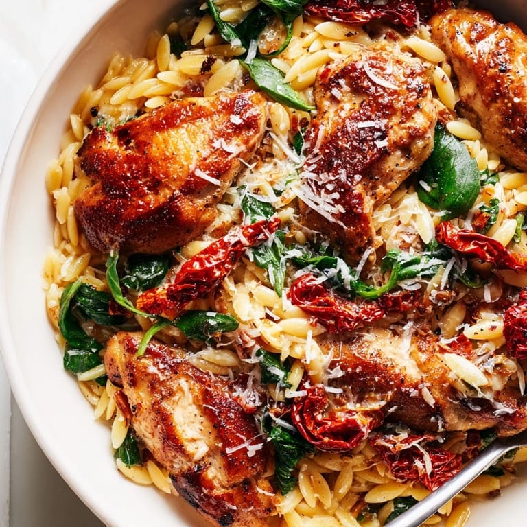 Hearty Tuscan Chicken Orzo in a creamy sauce, featuring golden chicken pieces and rich tomato strands, perfect for a weeknight meal.