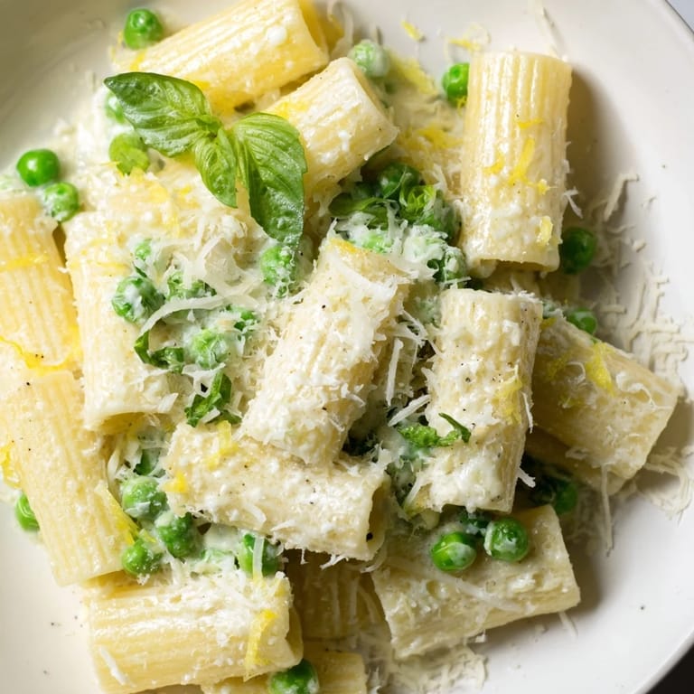Springtime Pea & Lemon Ricotta Pasta is served in a rustic white bowl, highlighting sweet peas and a silky ricotta-lemon coating on rigatoni.