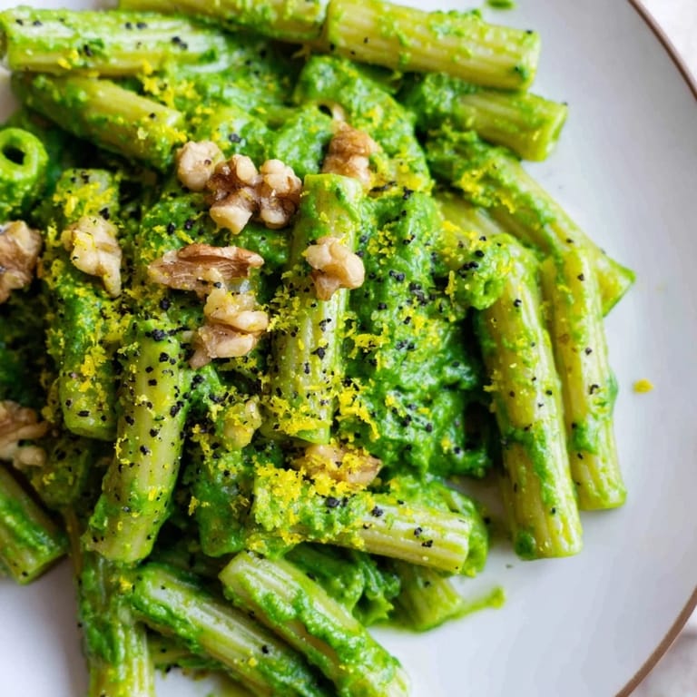 A close-up of Creamy Spinach Walnut Pasta, its silky spinach-walnut sauce clinging to penne, served hot and ready for a nutritious weeknight dinner.