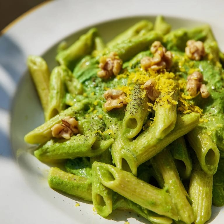 Overhead view of Creamy Spinach Walnut Pasta, a vibrant green, plant-based main dish garnished with chopped walnuts, pepper, and a lemon wedge for zest.