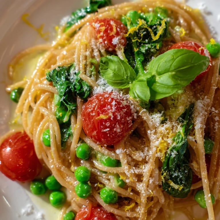 Close-up on the Spring Veggie One-Pot Spaghetti, showcasing tender cherry tomatoes, peas, and spinach mingling with spaghetti and a hint of lemon zest.