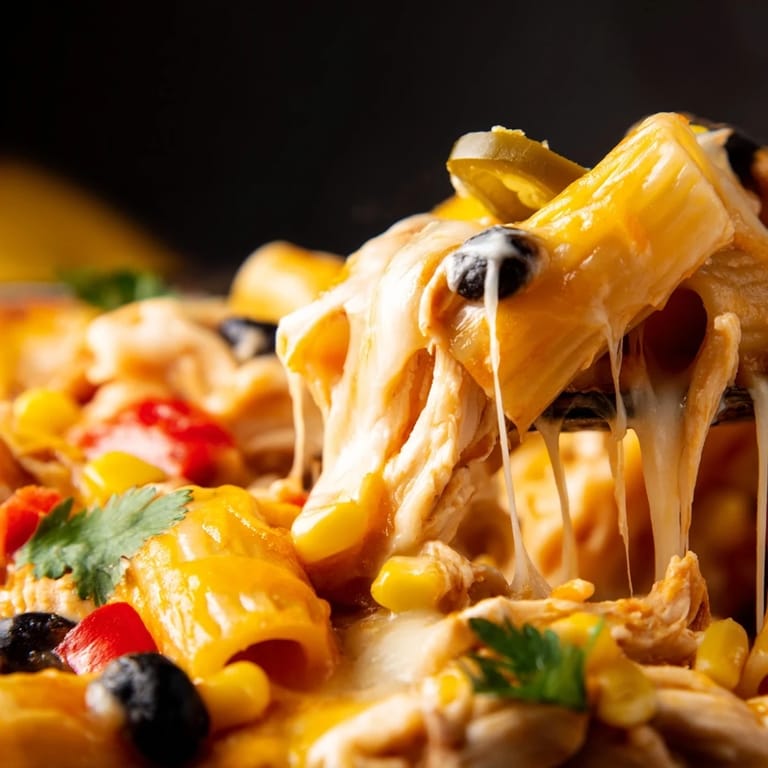 This easy Chicken Burrito Pasta Bake comes out of the oven with bubbly cheese and a hint of spice.
