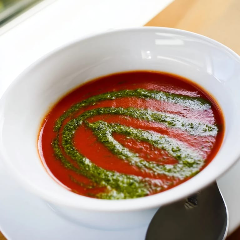 Rich Tomato Soup with Basil Pesto Swirl ladled into a white bowl, steam rising and pesto drizzled over.