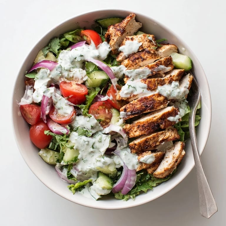 A close-up of the Chicken Shawarma Salad Bowl highlights juicy chicken topped with creamy garlic sauce drizzled over fresh herbs.  
