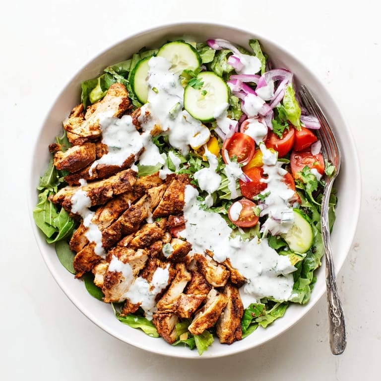 Colorful and fresh, this Chicken Shawarma Salad Bowl features diced cucumbers and red onions for a crisp, crunchy texture.