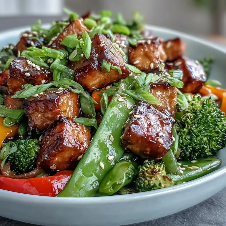 Golden brown tempeh and vibrant vegetables in a delicious stir-fry sauce.