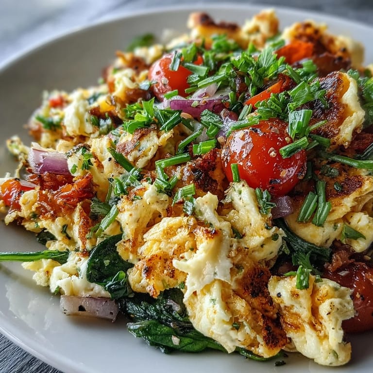 Hearty, fluffy egg and vegetable scramble topped with fresh, chopped herbs.