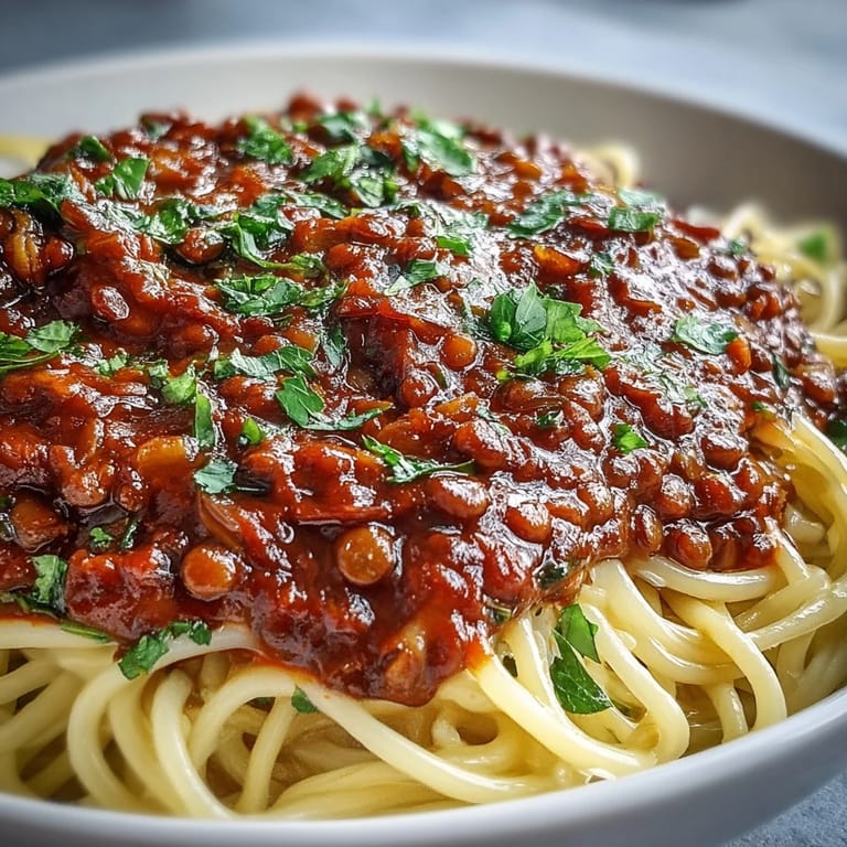 Savory lentil bolognese steaming over cooked pasta, topped with fresh herbs.