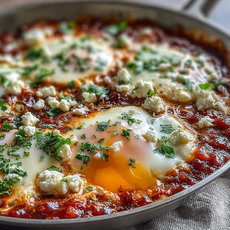 Hearty vegetarian shakshuka, a delightful blend of spicy tomatoes and soft eggs.