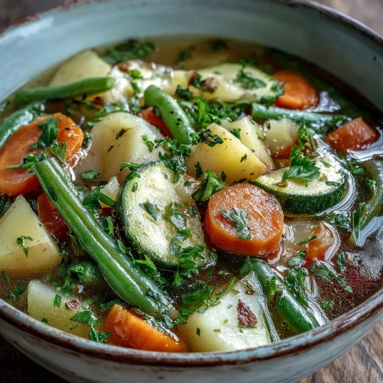 Ladle of hearty Potato and Vegetable Soup served with crusty bread, showing colorful carrots and peas.