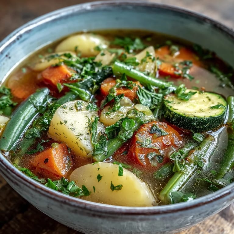 Overhead view of bright Potato and Vegetable Soup in a white bowl, surrounded by fresh ingredients.