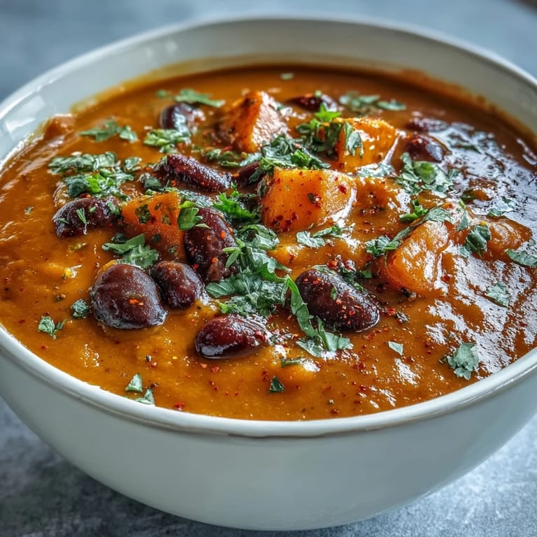 Close-up on Sweet Potato and Black Bean Soup showing black beans and tender sweet potato chunks in a red broth.