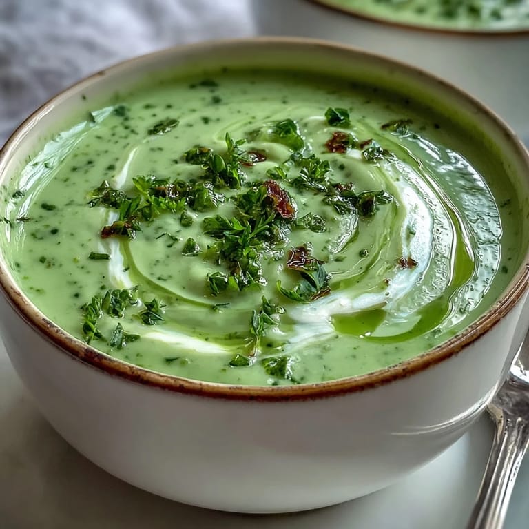 A pot of Creamy Celery and Herb Soup, bright green and velvety, with crusty bread for dipping.