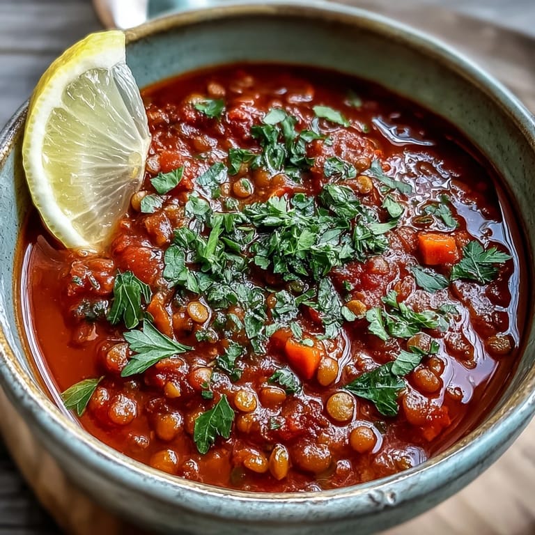 Hearty Tomato Lentil Soup simmering in a large pot, featuring lentils, carrots, and aromatic spices like cumin.