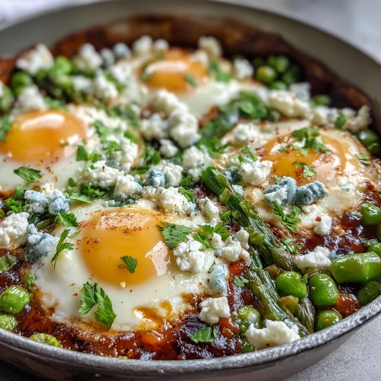 Colorful spring vegetables in a lightly spiced tomato sauce, topped with feta and fresh herbs for a vegetarian meal.