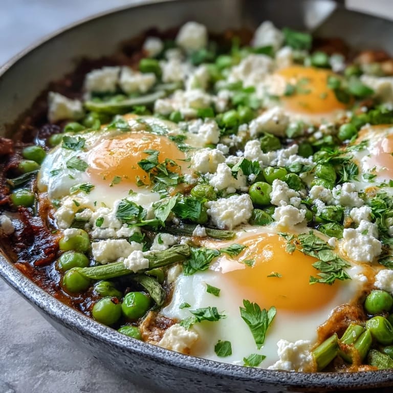 Runny-yolk Pea and Broad Bean Shakshuka served in a cast iron skillet, perfect for dipping with crusty bread.