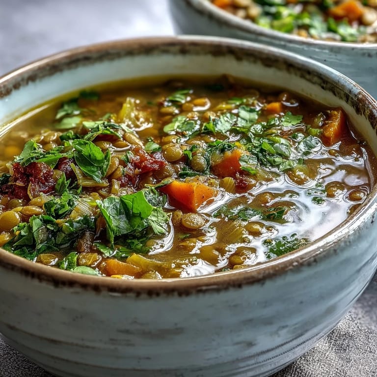 Close-up of Indian Mung Bean Soup garnished with fresh cilantro and a lemon wedge beside warm naan bread.