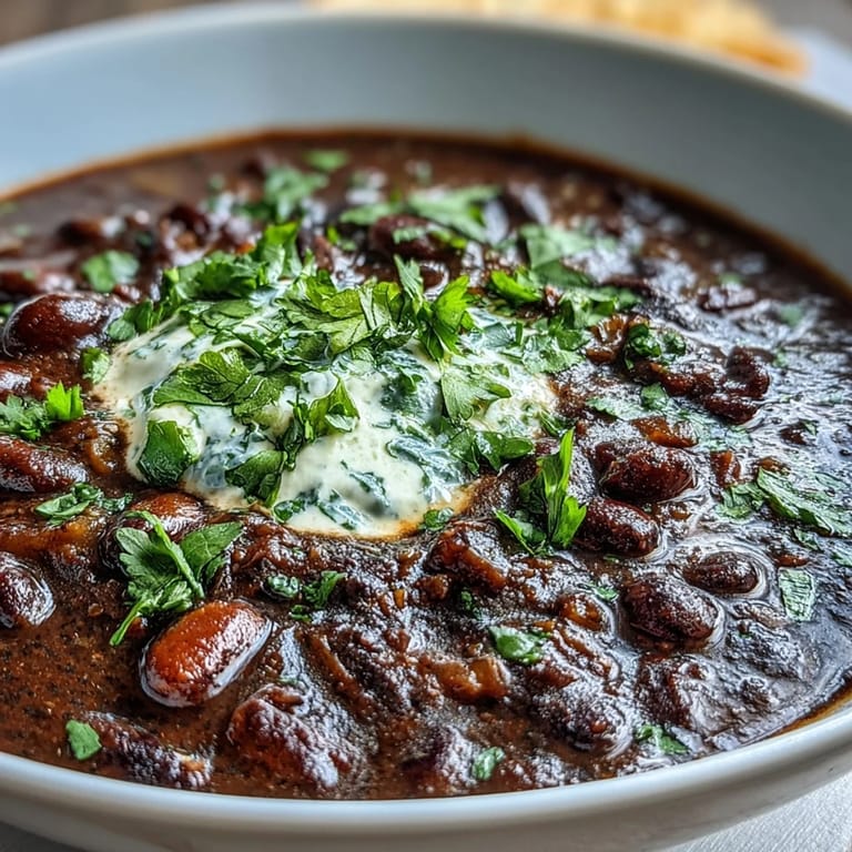Steamy pot of Black Bean Soup with colorful diced garnishes, ready to serve four hungry people.