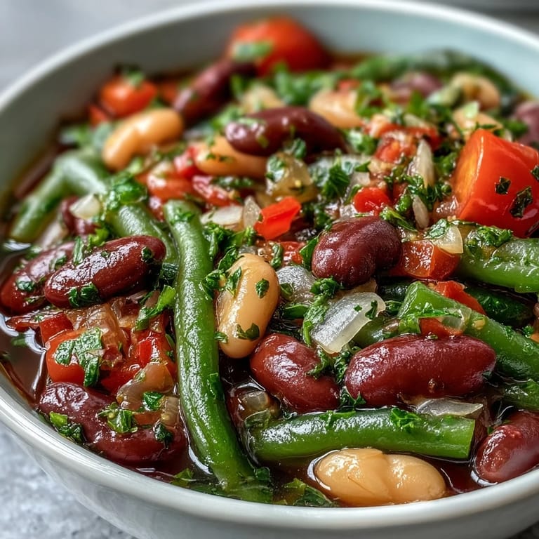 Hearty Three-Bean Salad Soup simmering with red bell peppers and tomatoes in a rustic pot.