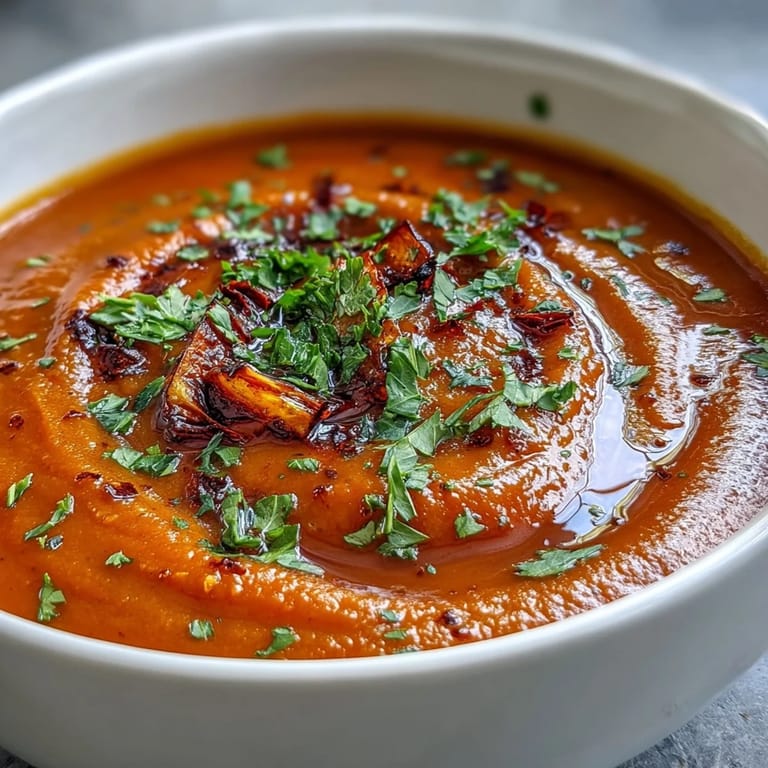A bowl of velvety Roasted Vegetable Soup with golden-brown roasted carrots, sweet potatoes, and peppers. 